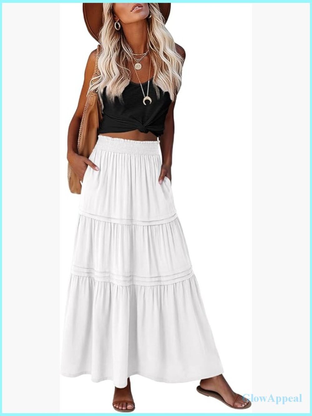 High Waisted Elastic Flowy Tiered Boho Maxi Skirt with Pockets